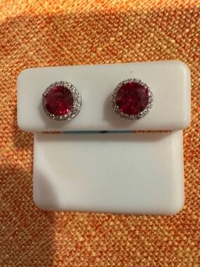 Sterling Silver Ruby Red Halo Stud Earrings